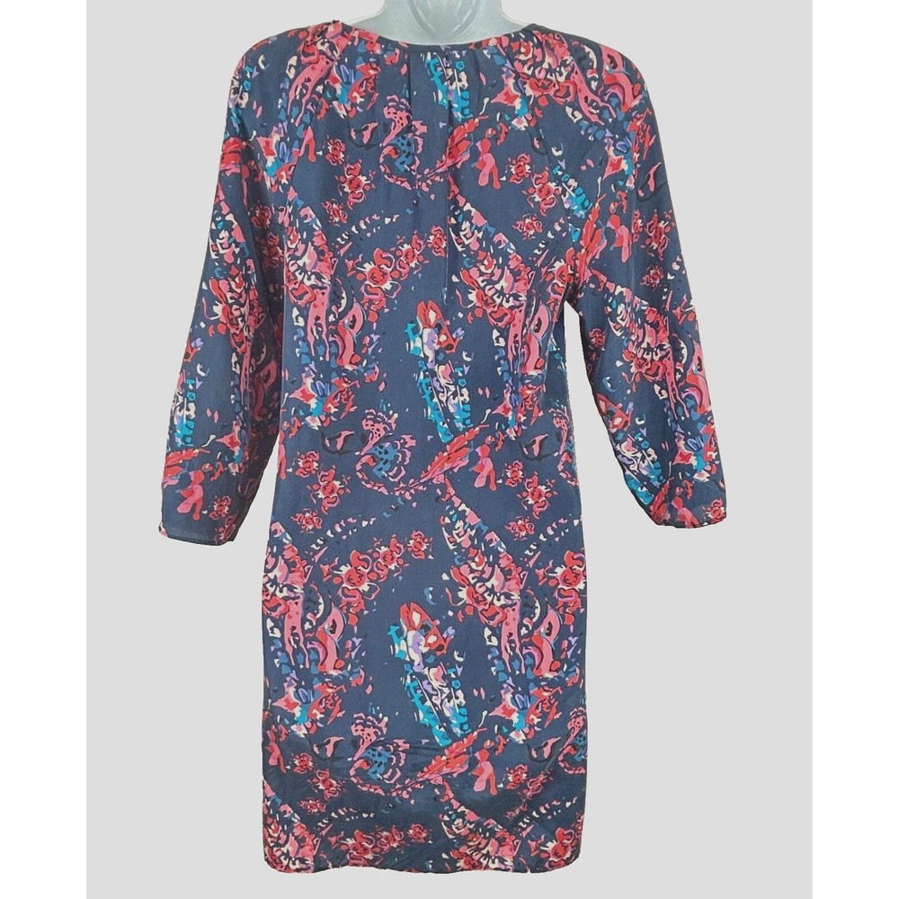 Juicy Couture Silk Blue Pink Abstract Front Tie V Neck Dress Size S NWOT - Picture 3 of 12